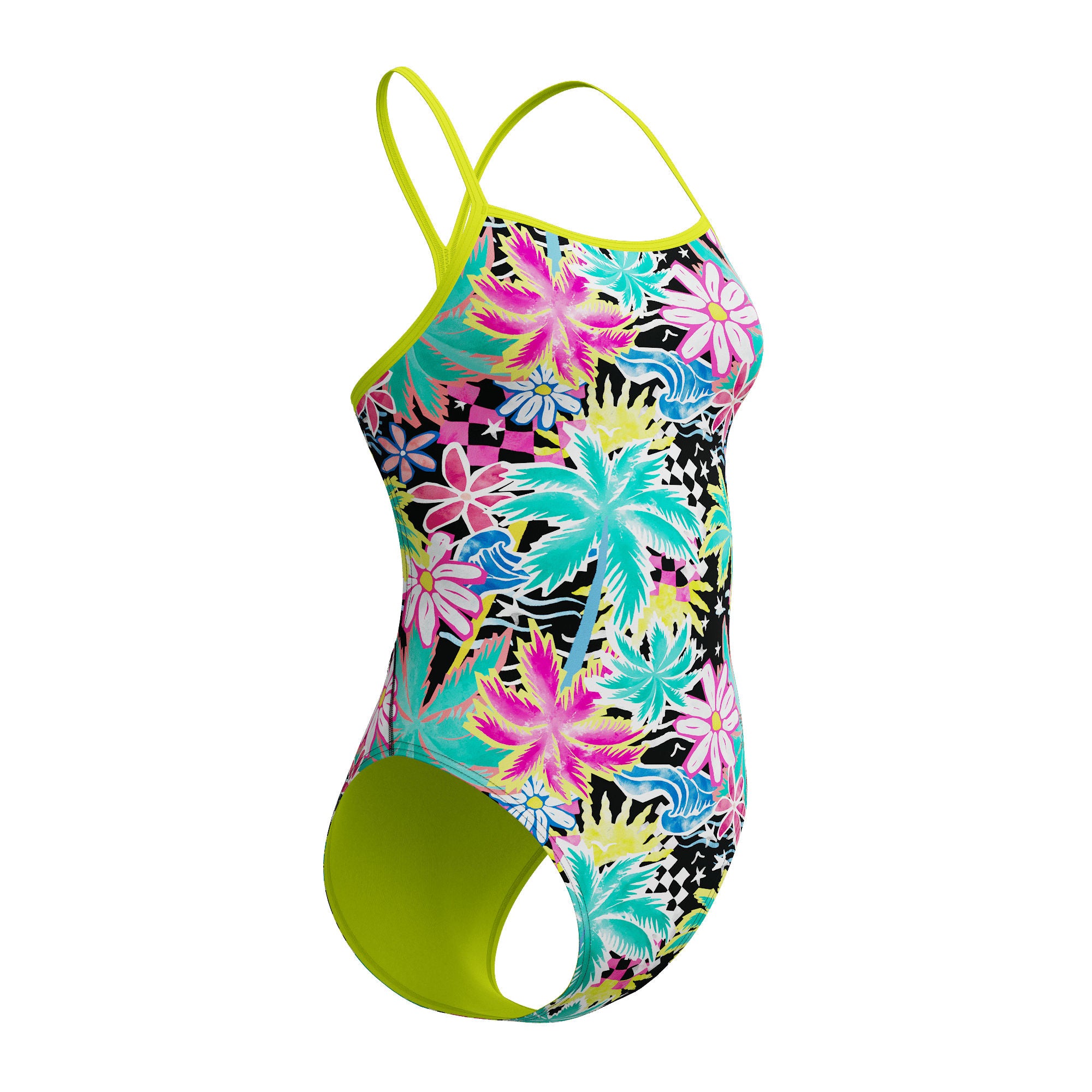 Printed V-Back Damen Badeanzug | Schwarz