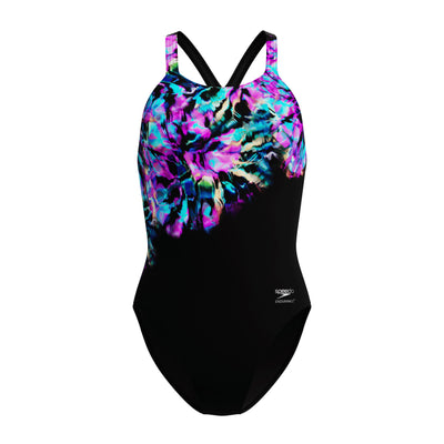 Placement Printed Powerback Damen Badeanzug | Schwarz