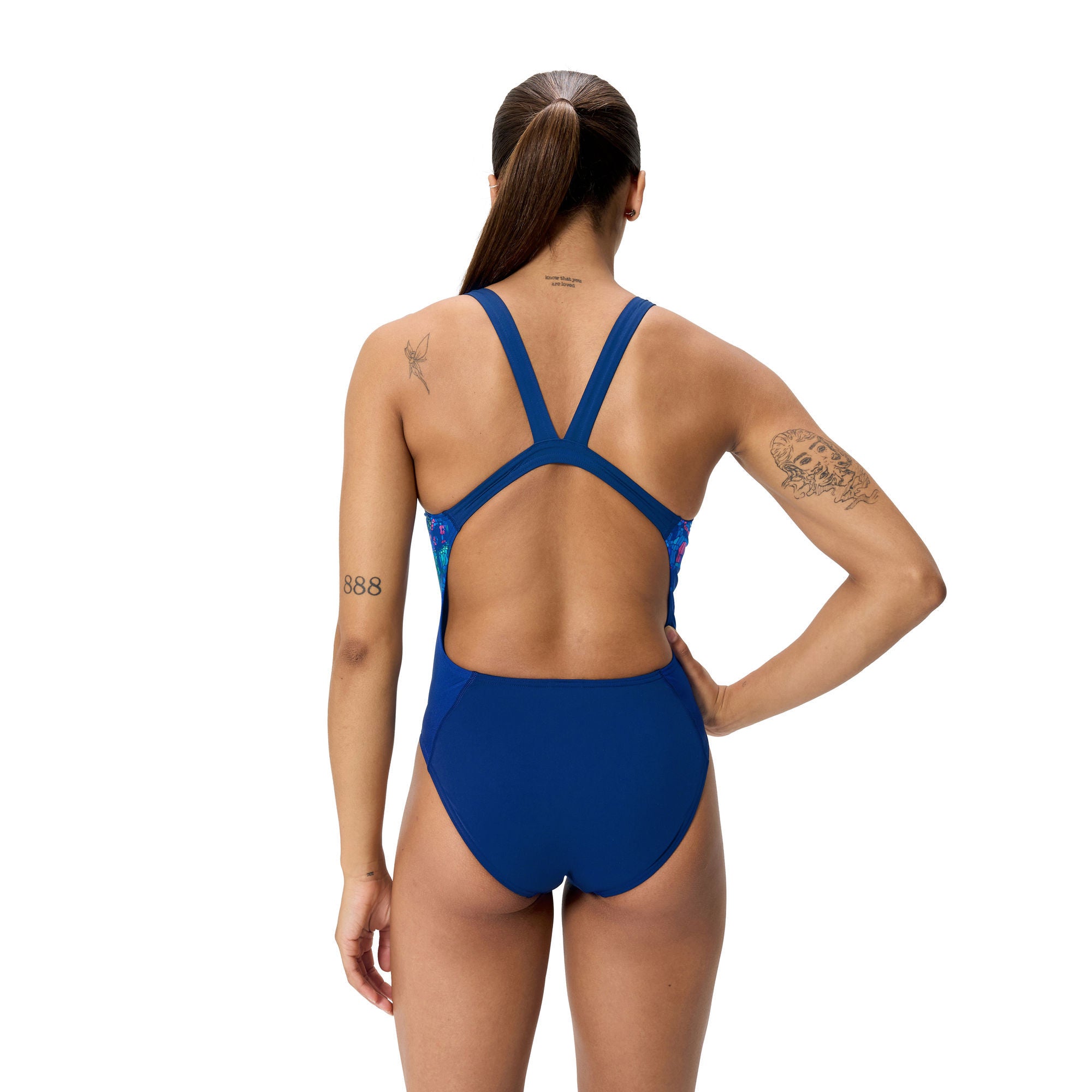 Placement Printed Leaderback Damen Badeanzug | Navy